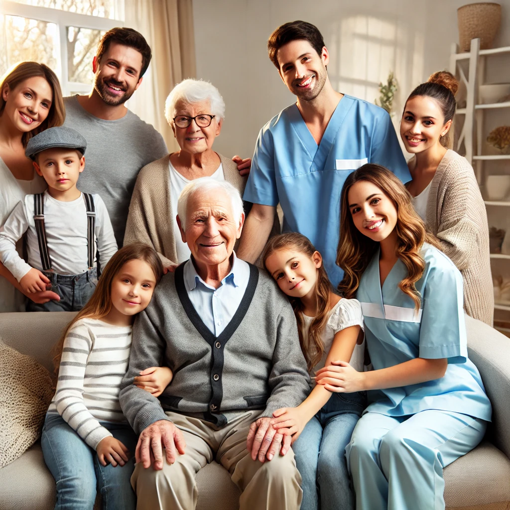 Happy family with a caregiver